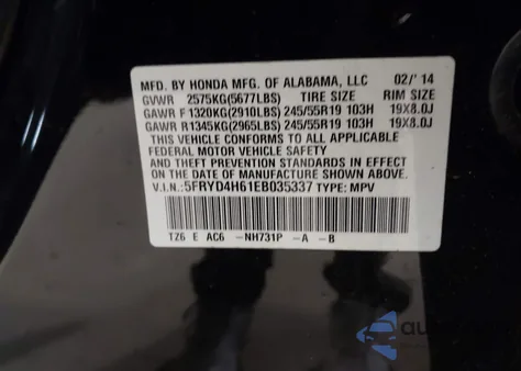 2014 Acura Mdx Technology Pkg W/Entertainment Pkg from USA, damaged, VIN 5FRYD4H61EB035337
